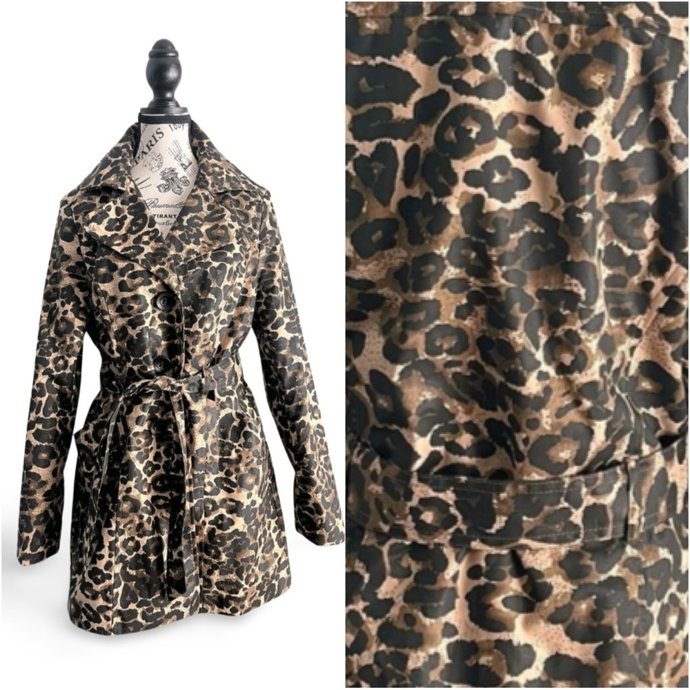 Leopard Print Trench Coat Belted Animal Print Statement Jacket Size Large - Picture 2 of 5